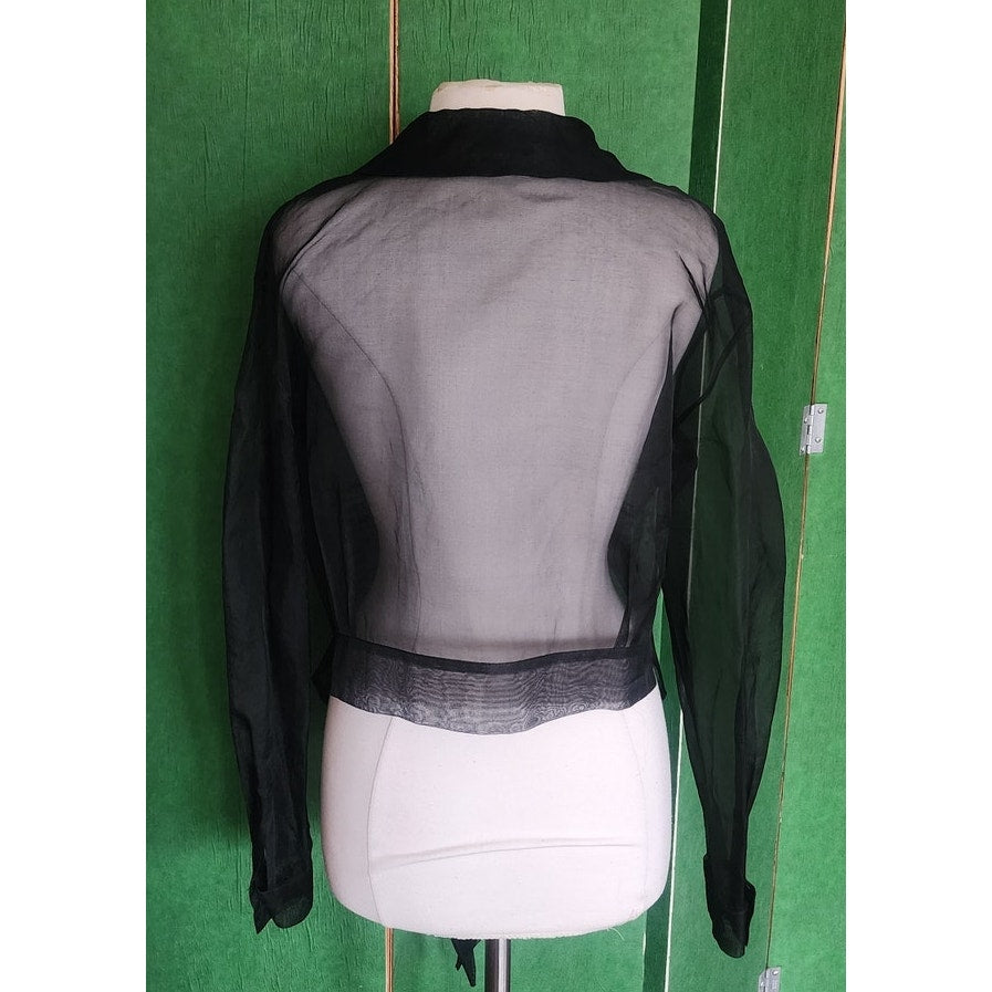 Vintage 90s Designer Blouse Black Sheer Silk Shirt Tie Front Victoria March Chicago