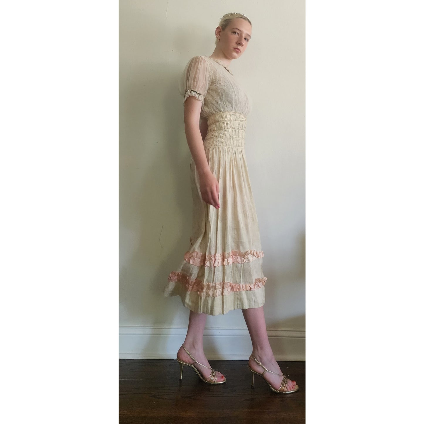 Vintage 1930s Cream Silk Dress Lace & Rhinestone Embroidery