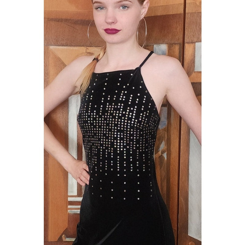 VTG 90s Y2K Aspeed Dress Black Velvet Rhinestone Studs Halter Maxi Gown Prom M