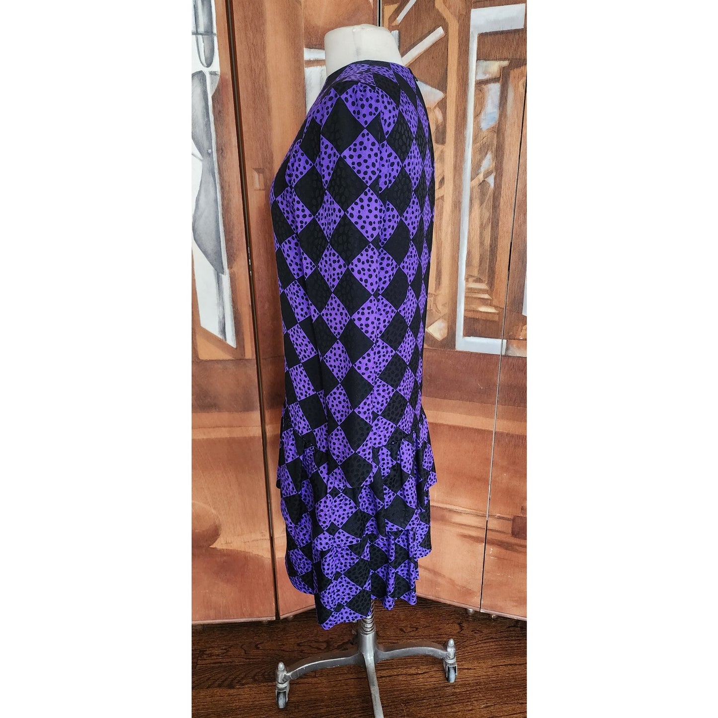 Vintage 80s GIVENCHY Silkprint Dress Purple Black Harlequin Diamonds Long Sleeved