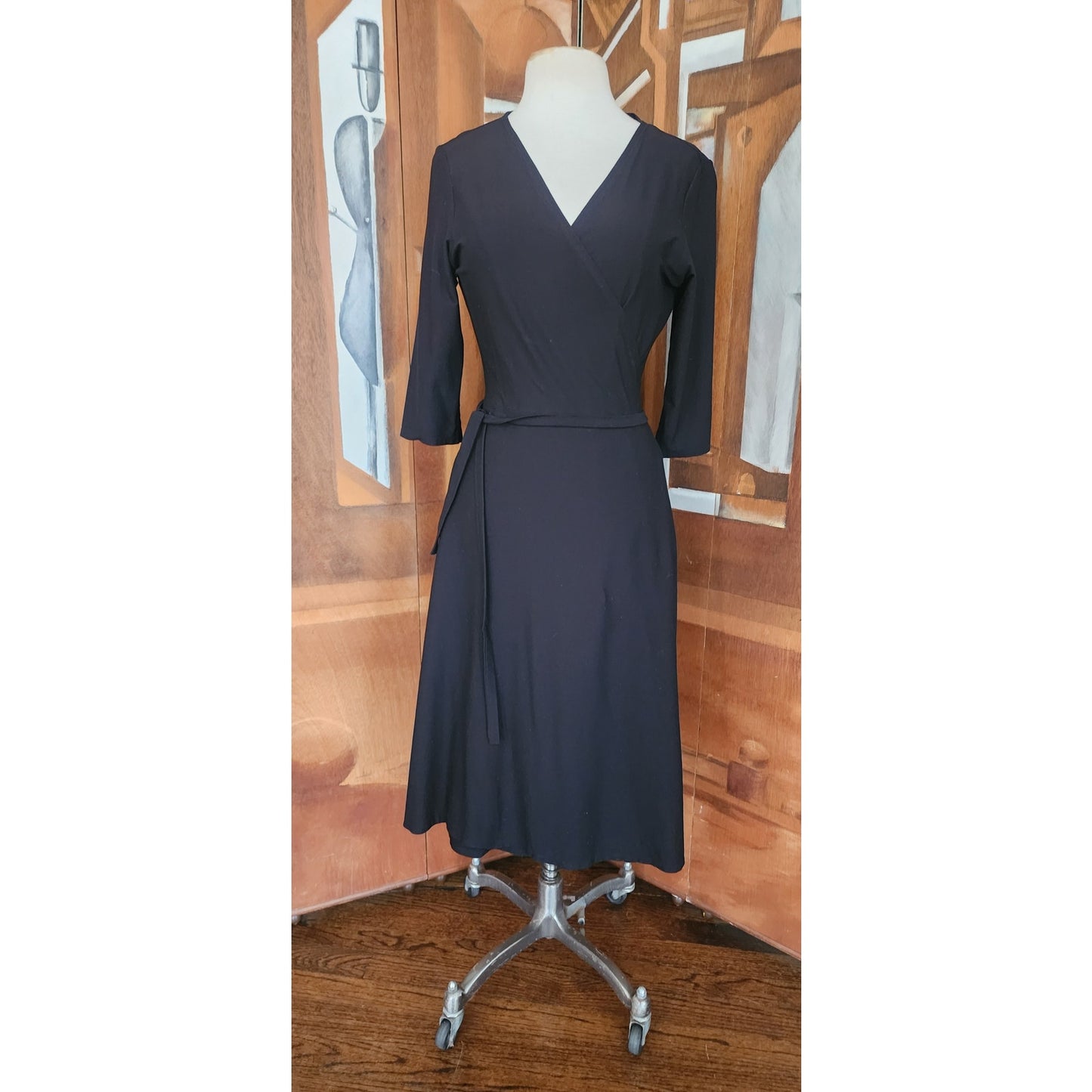 Vintage Eileen Fisher Y2K Black Rayon Stretch Knit Wrap Dress Midi