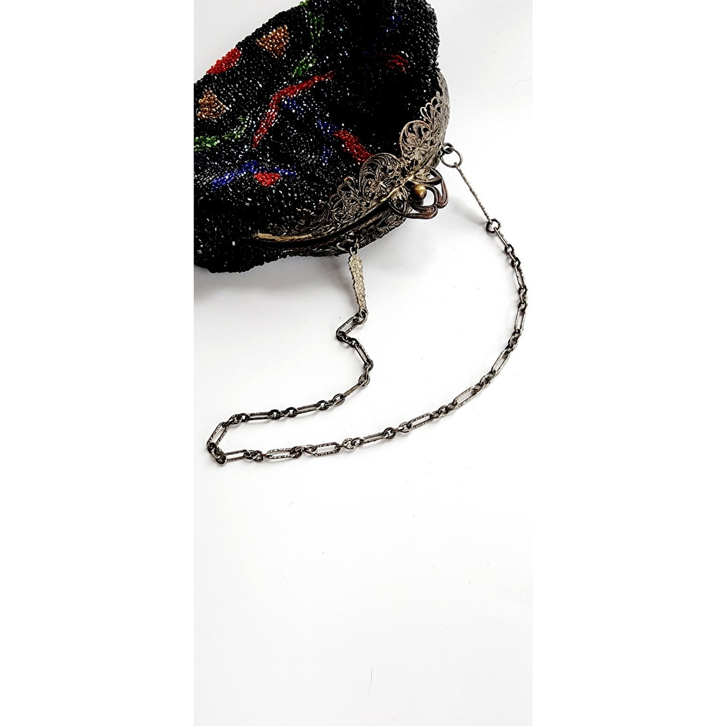 Antique Black Beaded Bag Colorful Flowers Ornate Metal Clasp AS IS