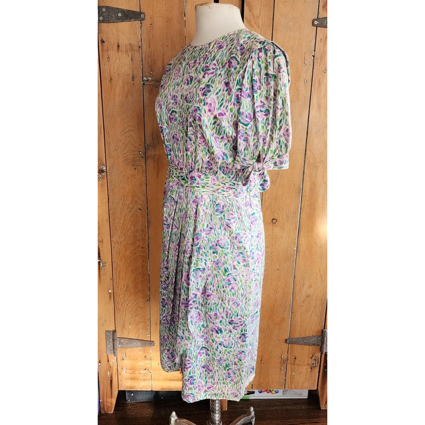 Vintage 80s Dress Floral Print Silk Norah Noh Monet Impressionist Pattern