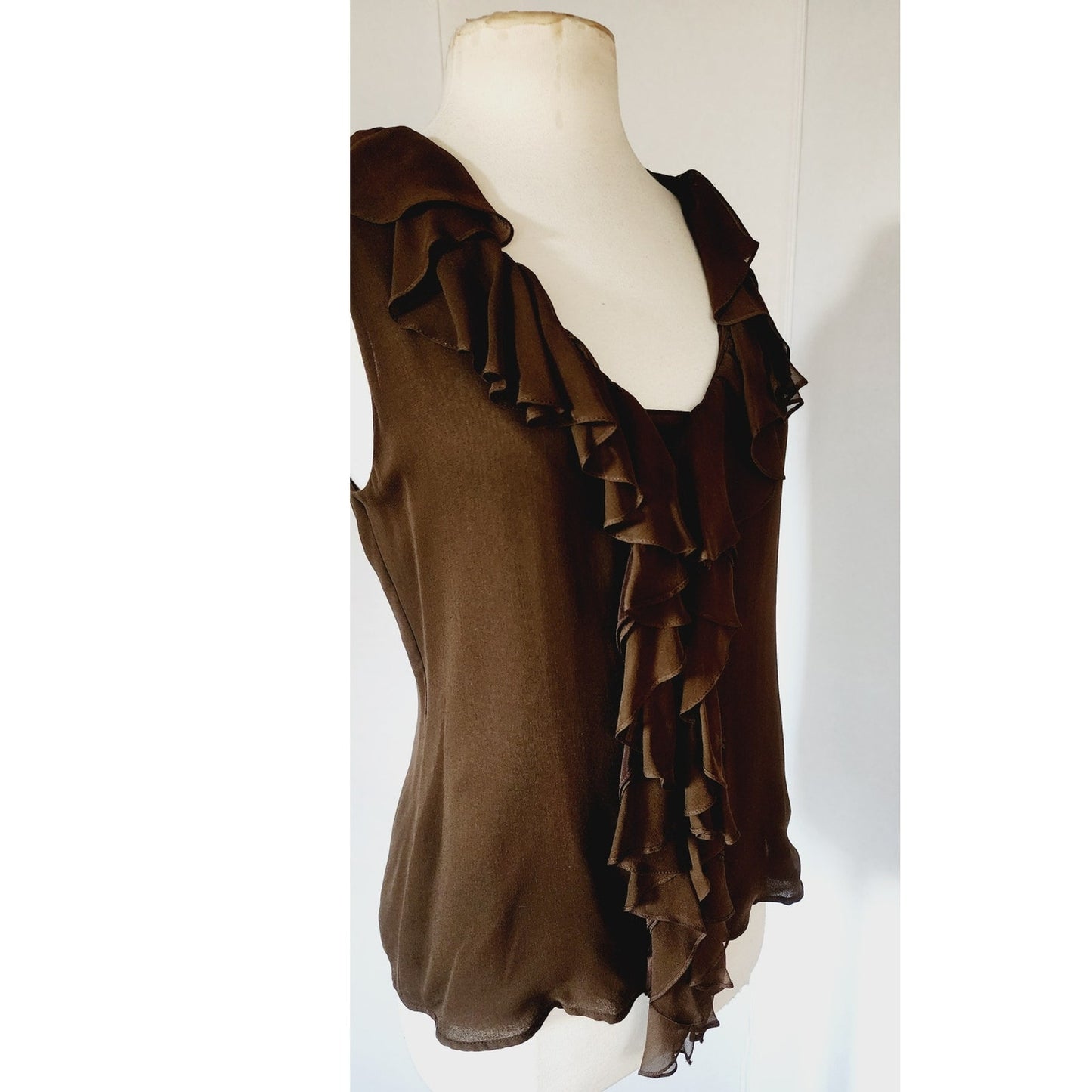 Vintage 2000s Oscar de la Renta Blouse Chiffon Silk Brown Top Ruffles NWT