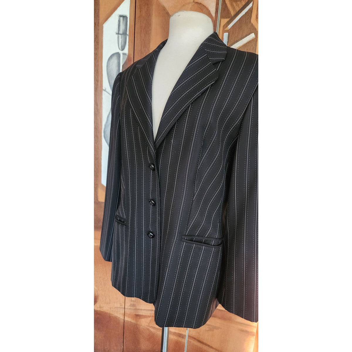 Vintage 2000s ESCADA Blazer Pinstriped Wool Jacket Black Wool / 44 Large