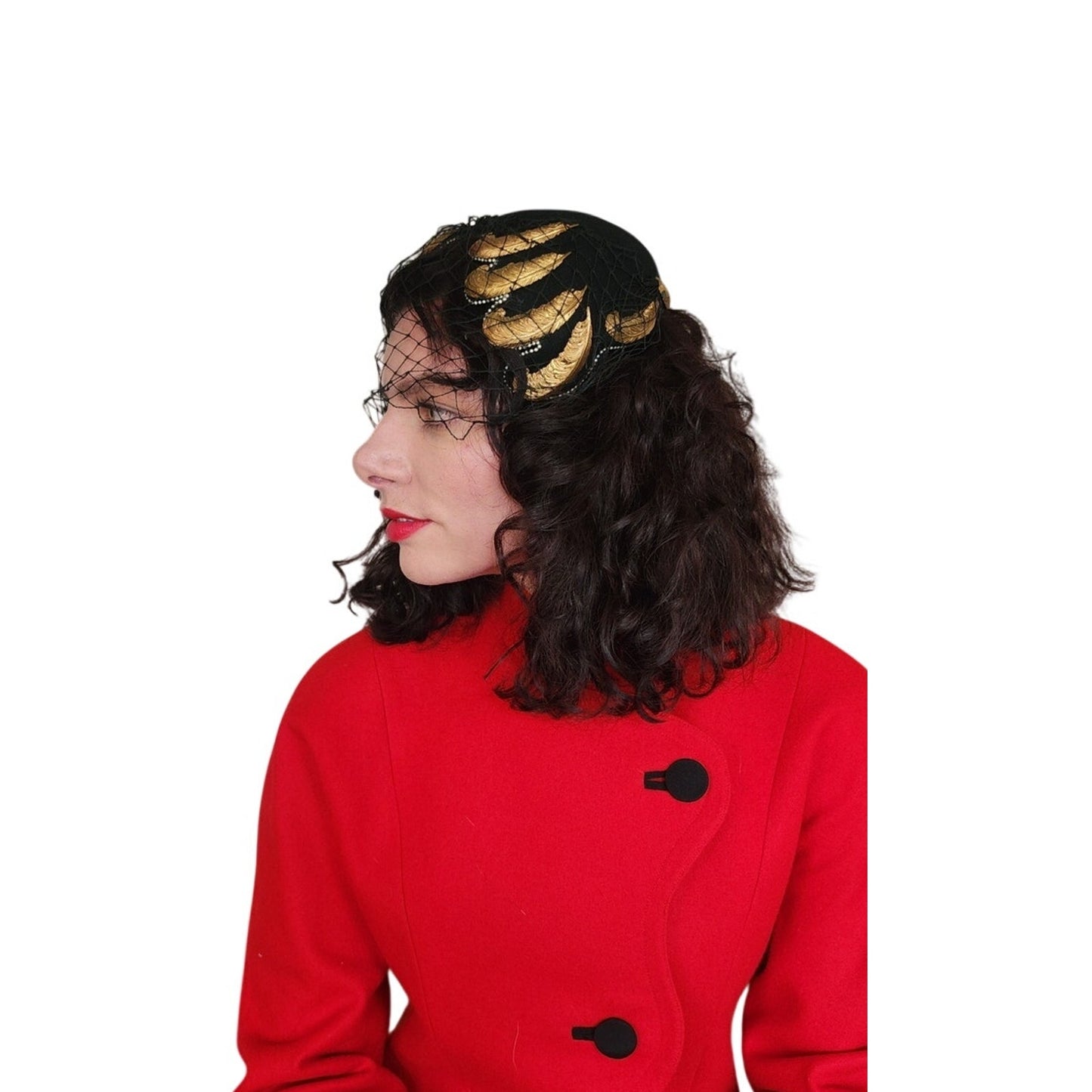 Vintage 50s Bes-Ben Hat Black Wool Gold Feather Veil Chicago Millinery OOAK