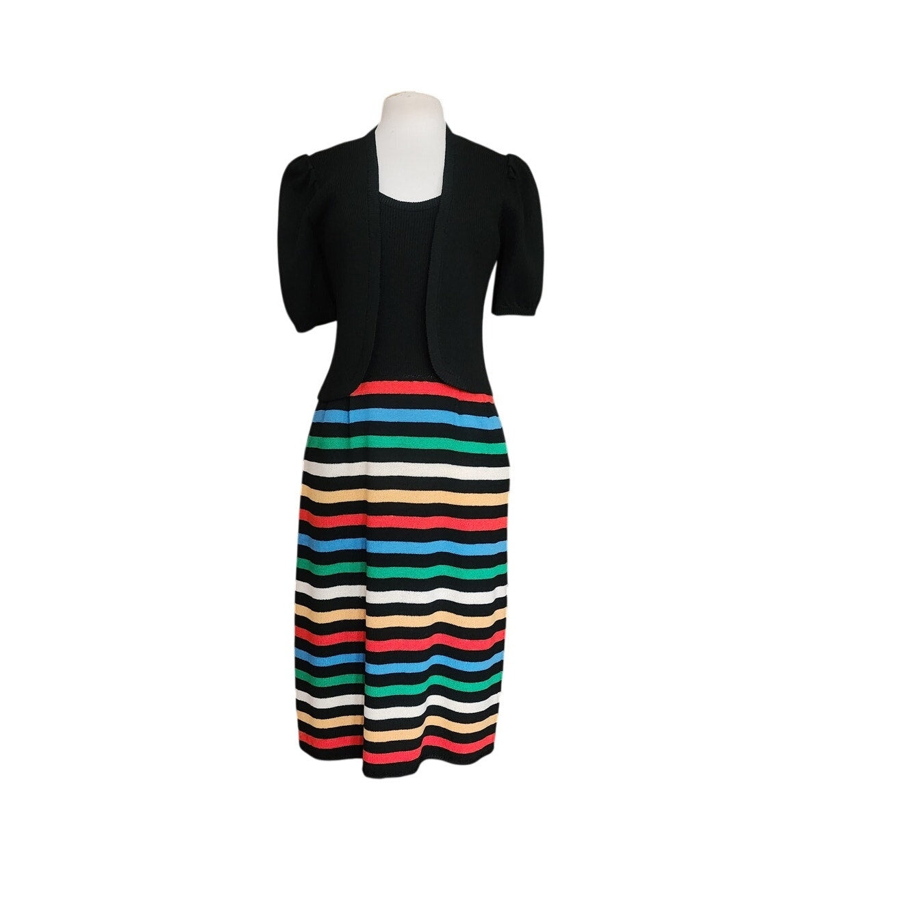 Vintage 70s St John Knit Dress + Bolero Jacket Set Black w/Rainbow Stripe