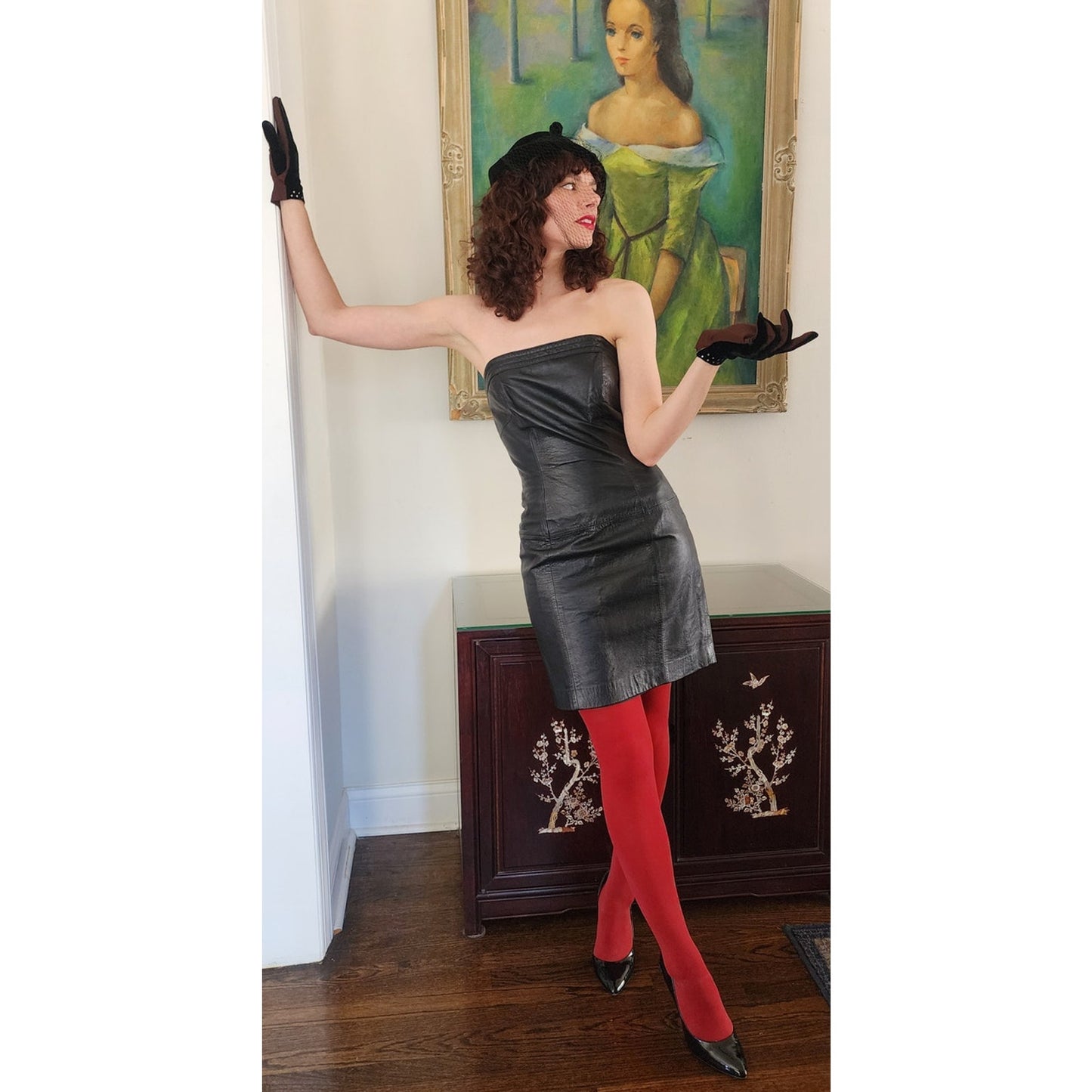 Vintage 90s Black Leather Strapless Dress Bodycon August Silk / S
