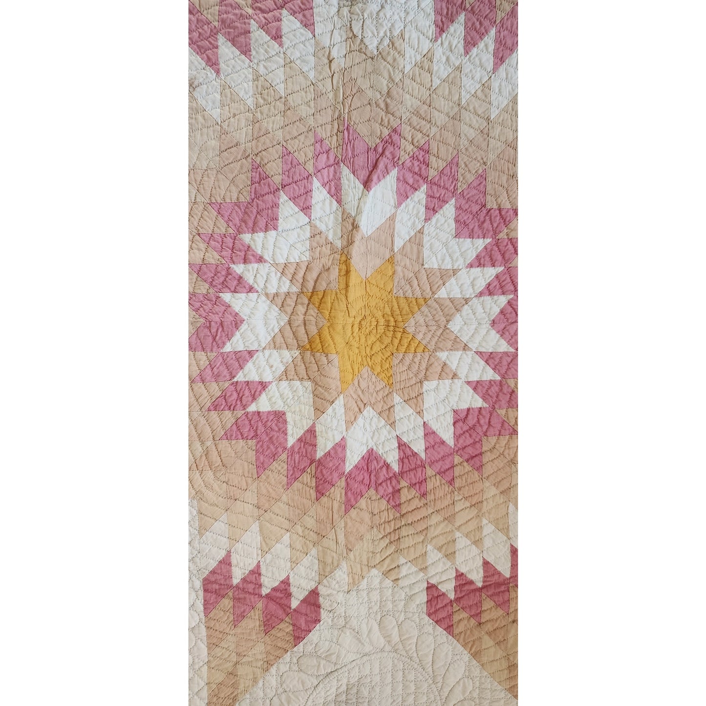 Antique American Quilt 1800s Broken Star Feather Wreath Hand-Quilted Cotton Pink Cheddar