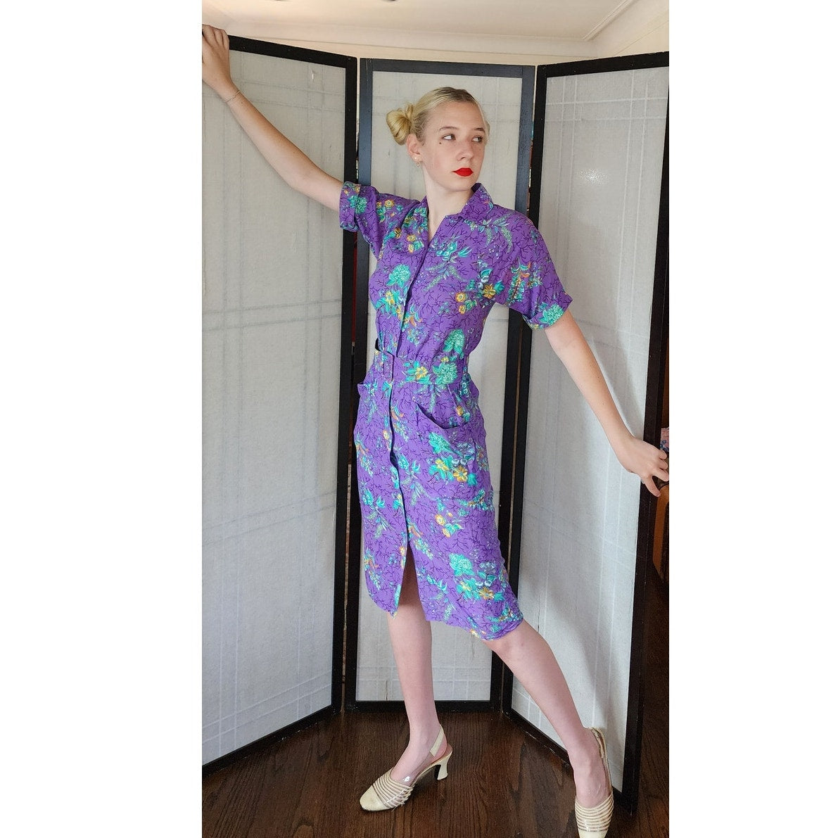 Vintage 80s Floral Print Dress Button Down Front