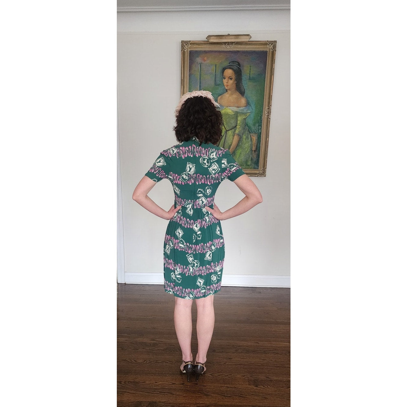 Vintage 40s Rayon Dress Green Pink Novelty Print Ancient Greek Greece Classical Art