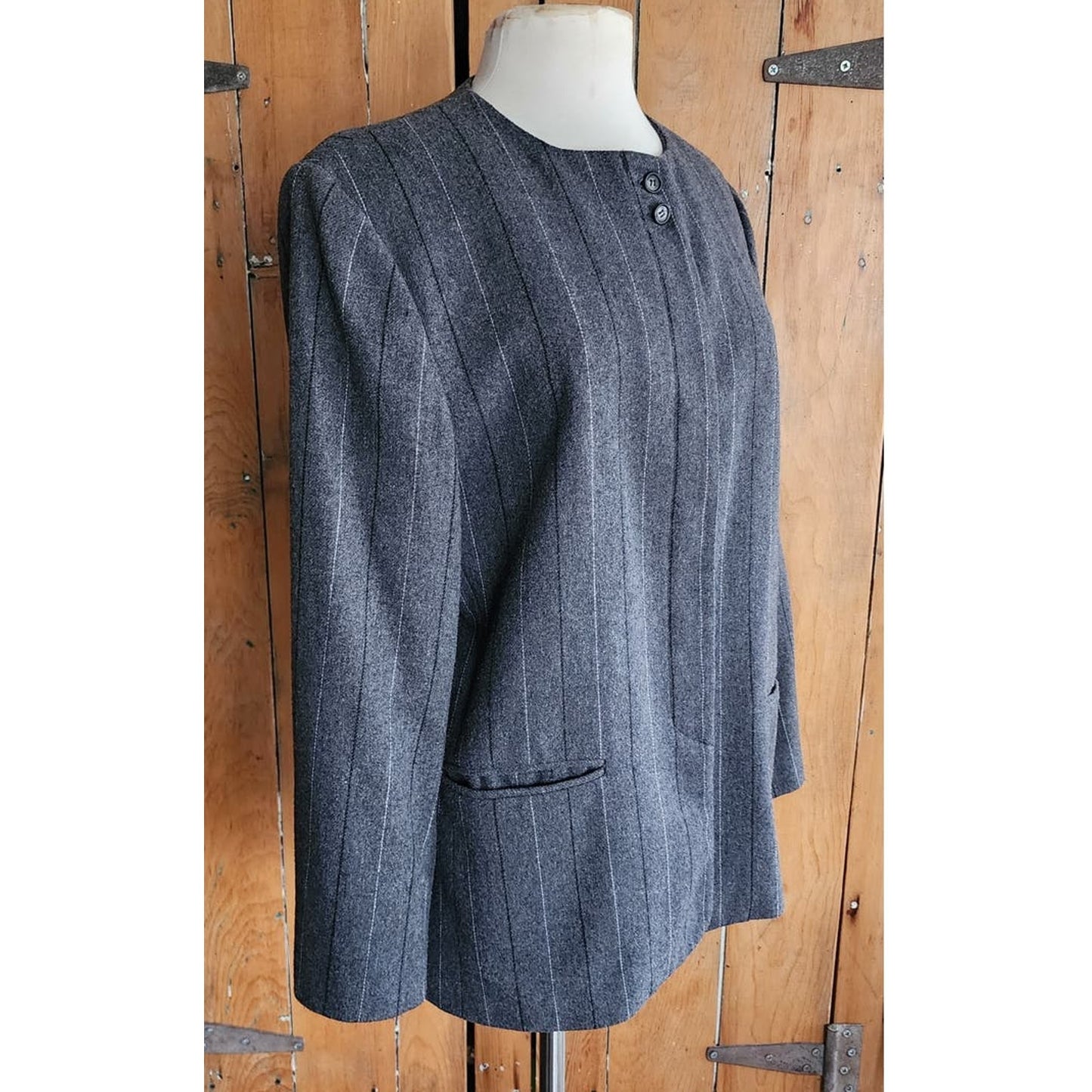 Vintage 80s Pinstriped Blazer Gray Wool Ashley Brooke