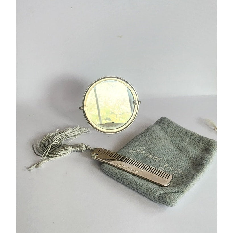 Vintage Judith Leiber Compact Mirror + Comb Set Signed Silver