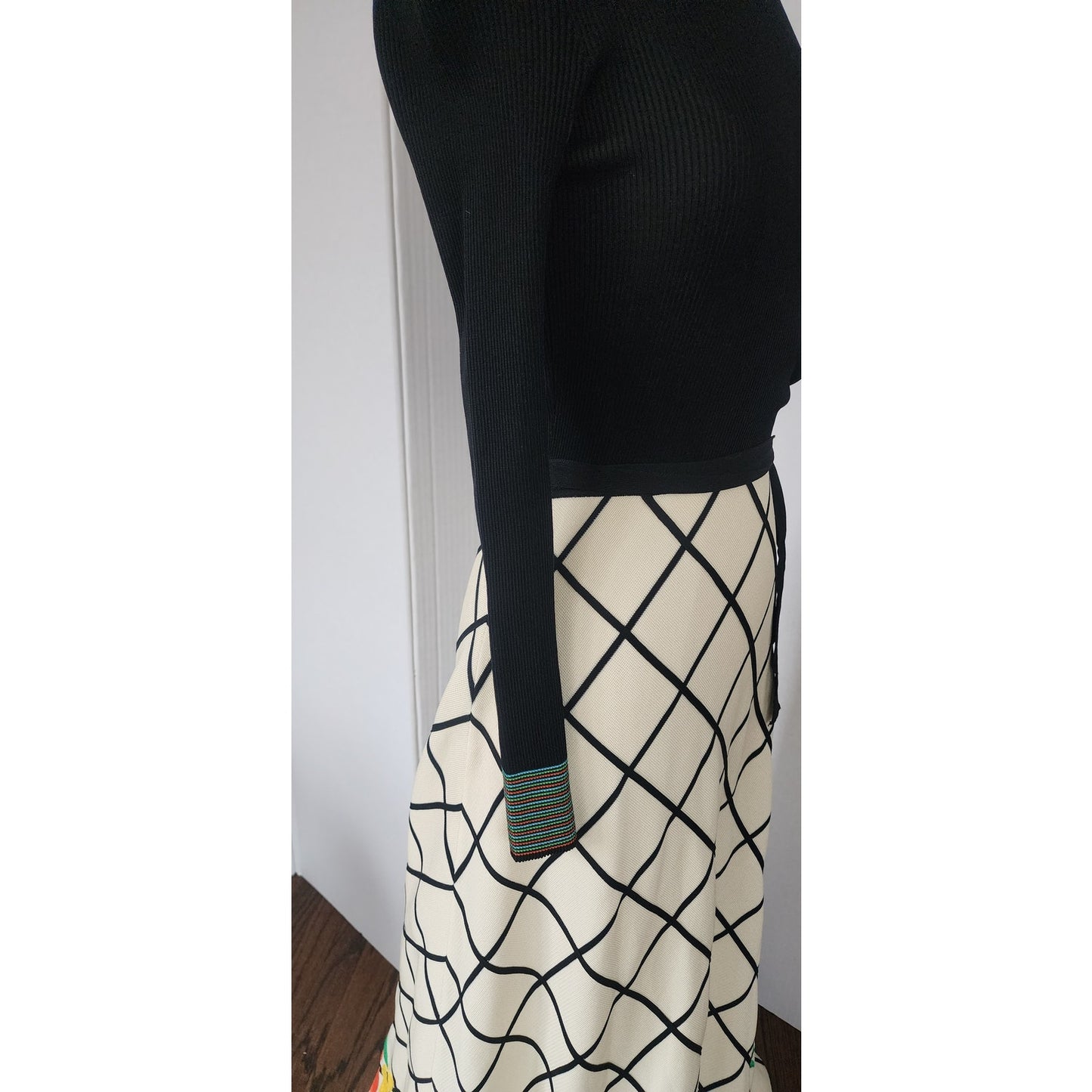 Vintage 70s Boho Maxi Dress Black Knit Top Cream Windowpane Skirt Floral Crissa Italy