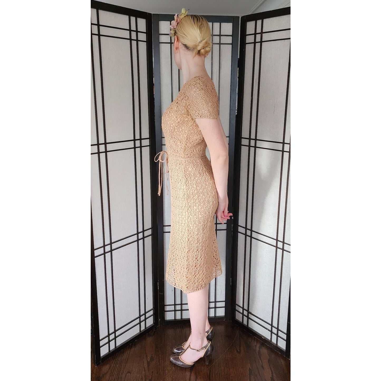 Vintage 50s Ribbon Lace Dress Helen Barbieri Beige Peach