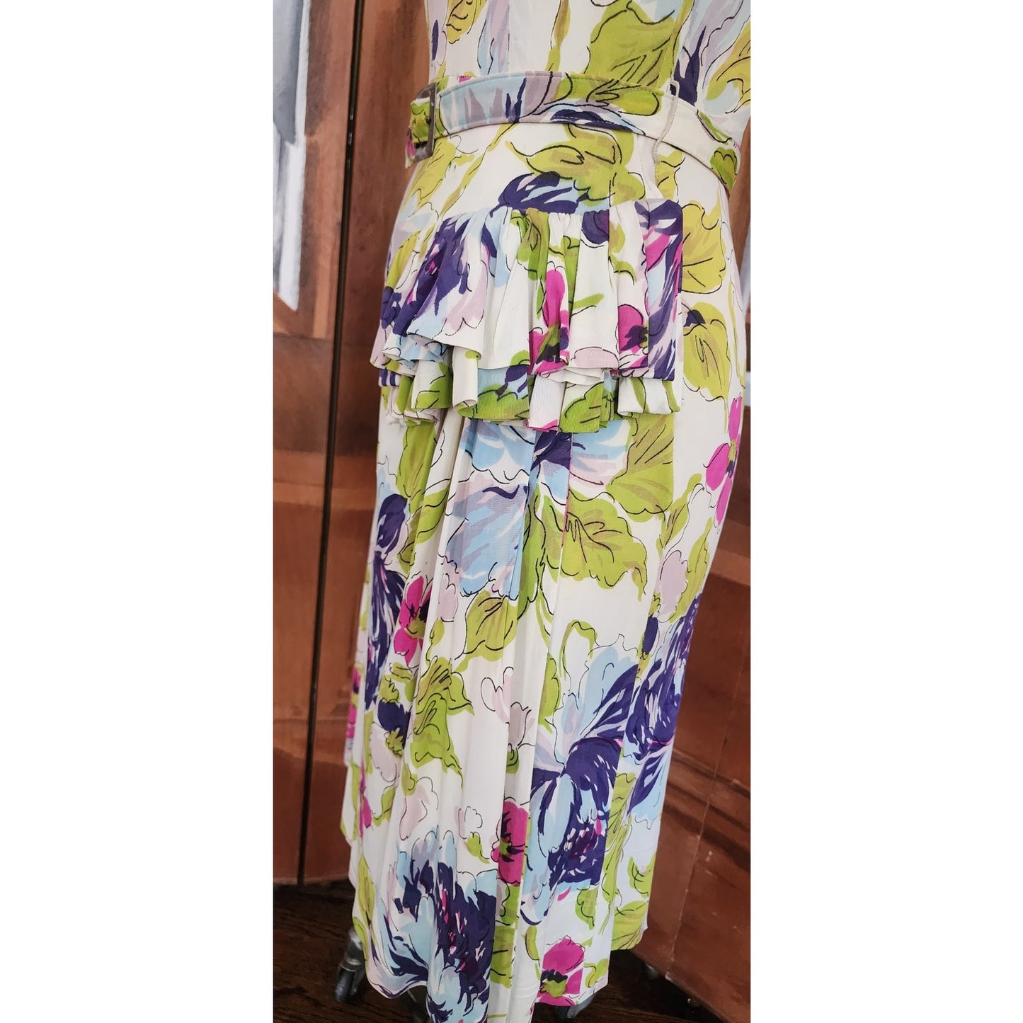 Vintage 40s Rayon Print Wiggle Dress Bold Floral Pattern + Scarf Detail