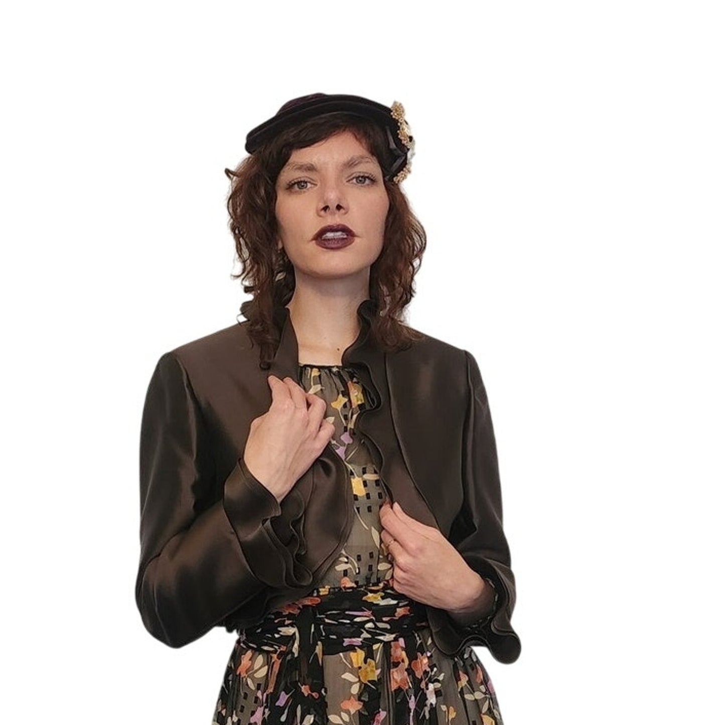 Vintage Brown Jacket Ruffled Trim Wool Silk Evening Dressy Blazer Frascara M