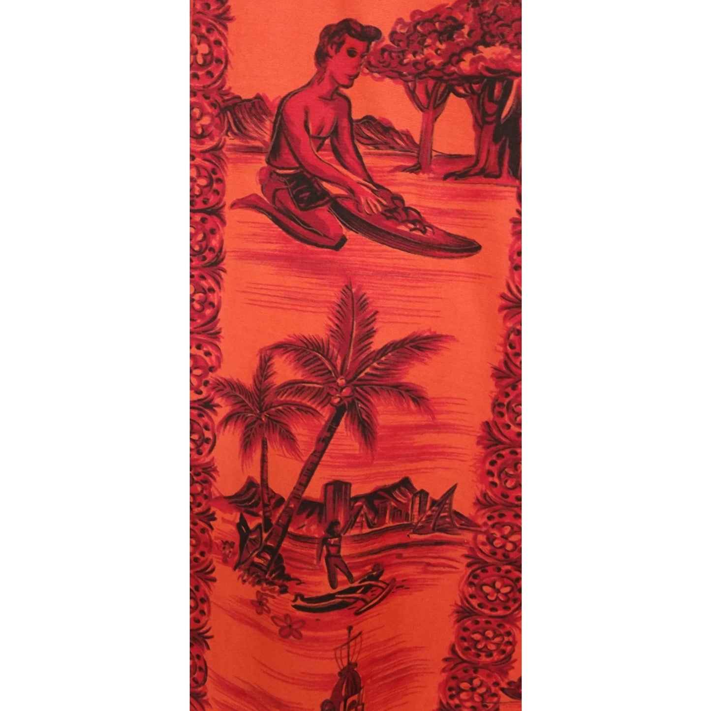 Vintage 60s Men's Red Hawaiian Shirt Surf Scenic Tiki Huts Cotton Short Sleeve