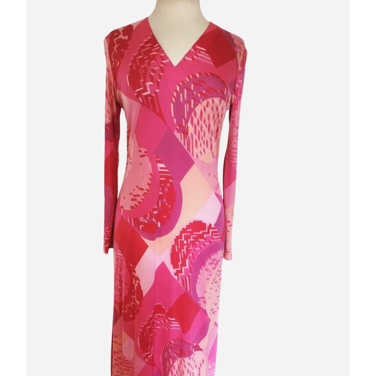 Vintage 1970s Maxi Dress Pink Red Geometric Print Rayon Jersey Stretch