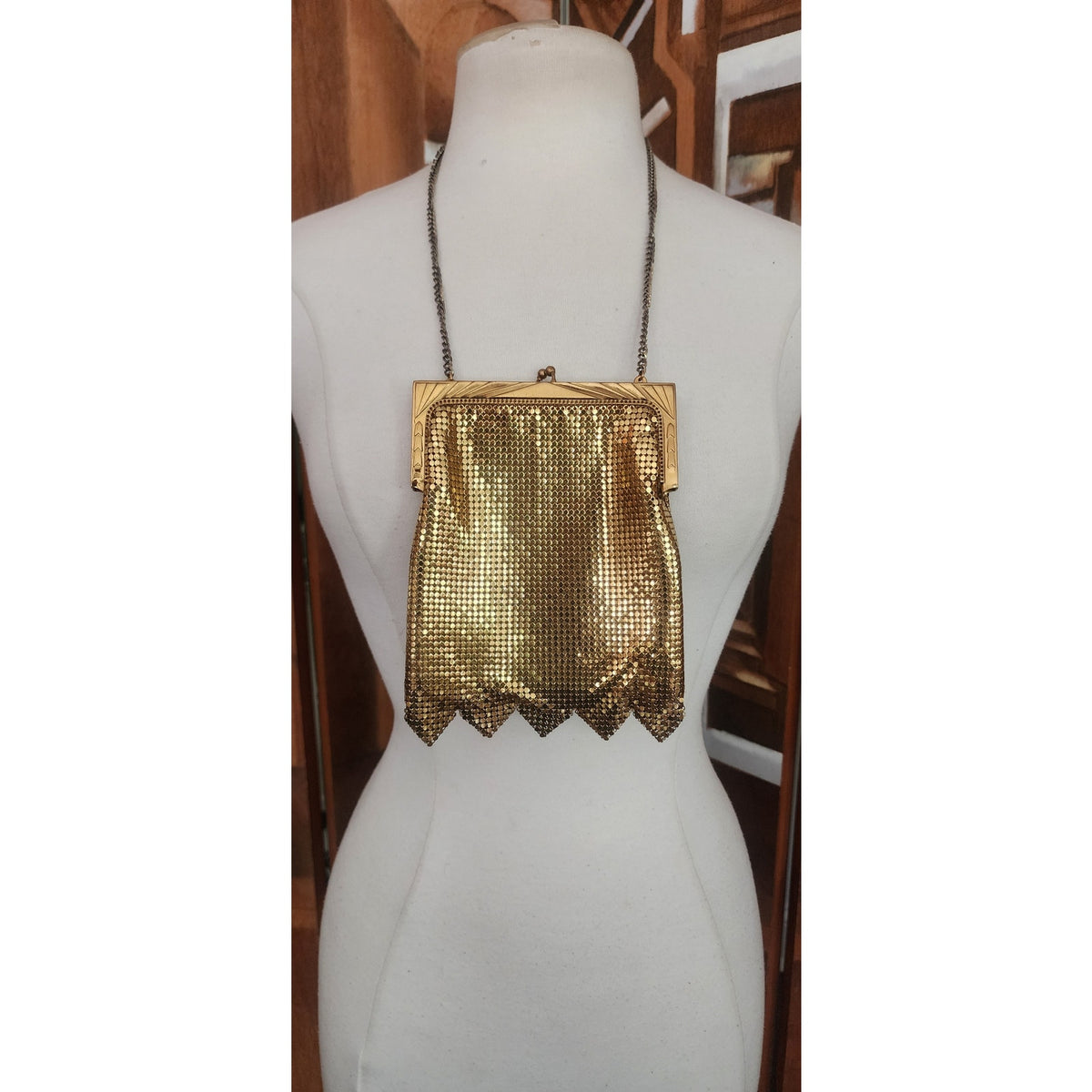 Vintage 1950s Whiting Davis Bag Gold Mesh Evening Party Purse Zigzag Hem Art Deco