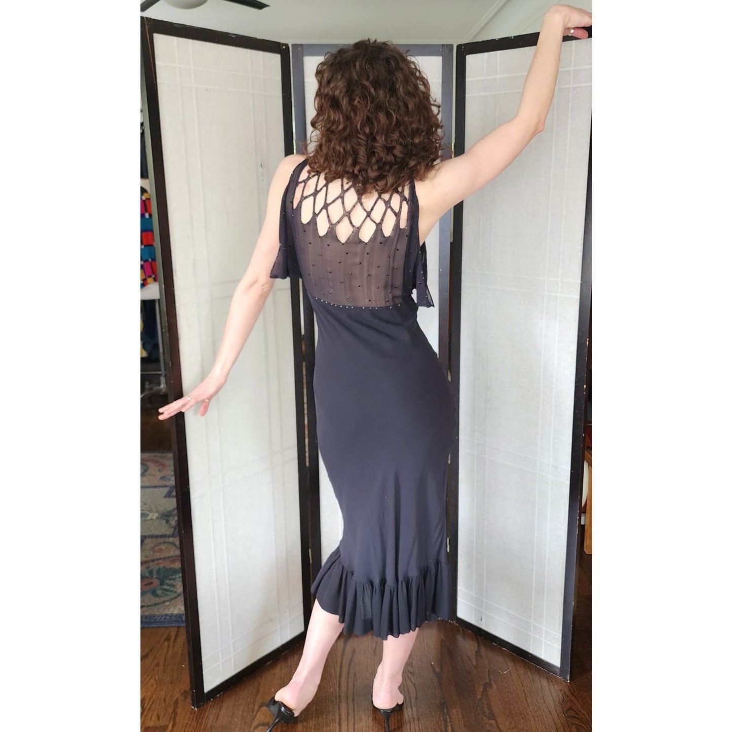 Vintage 30s Style Evening Dress Black Silk Chiffon Rhinestones Malandrino