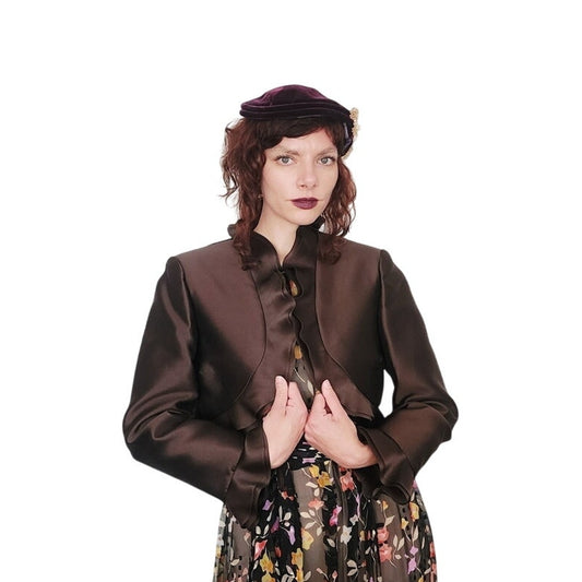 Vintage Brown Jacket Ruffled Trim Wool Silk Evening Dressy Blazer Frascara M