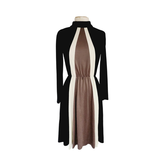 Vintage 70s Bold Stripe Dress Black Brown Cream RK Originals
