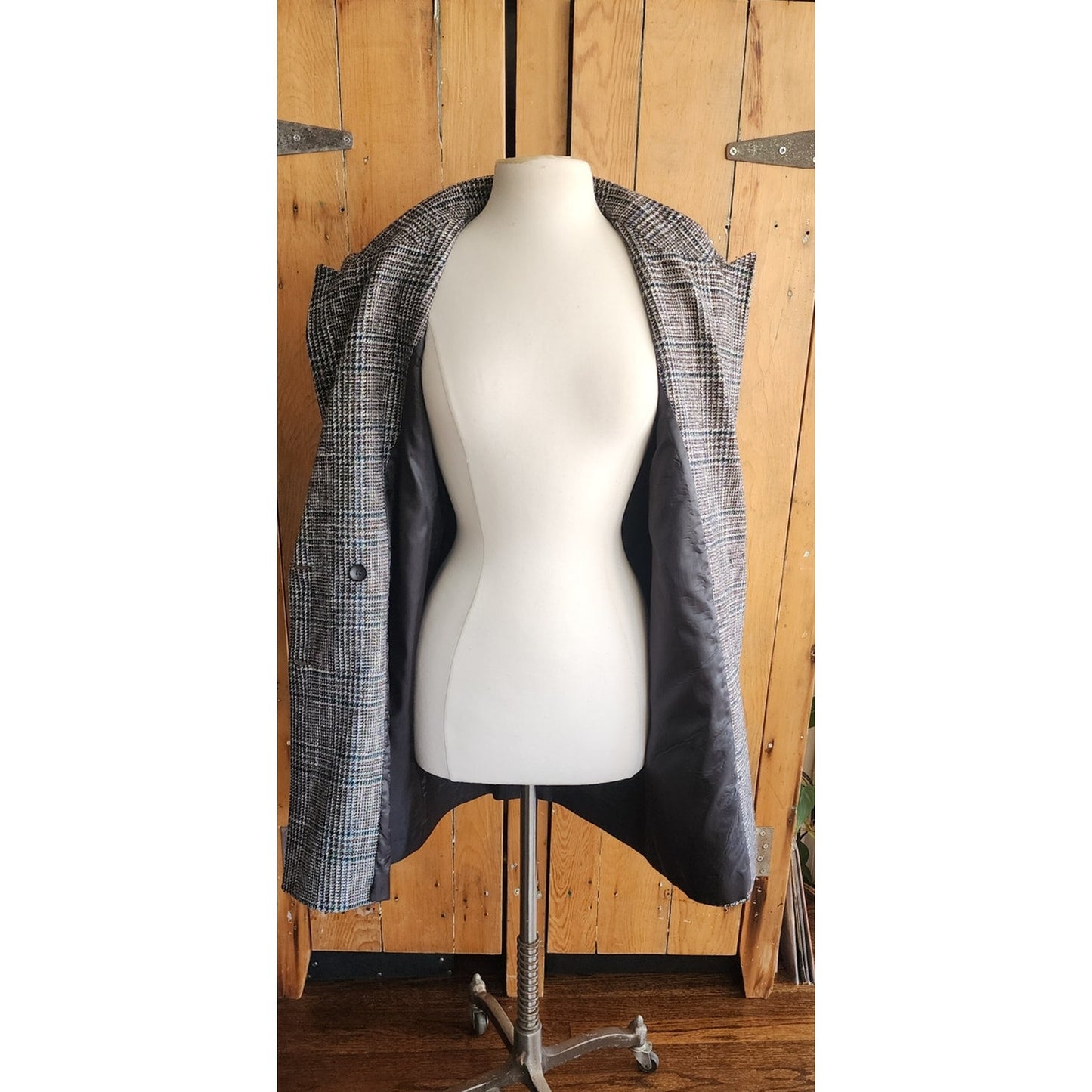 Vintage 1980s Long Blazer Lilli Ann Houndstooth Wool Jacket Gray Black