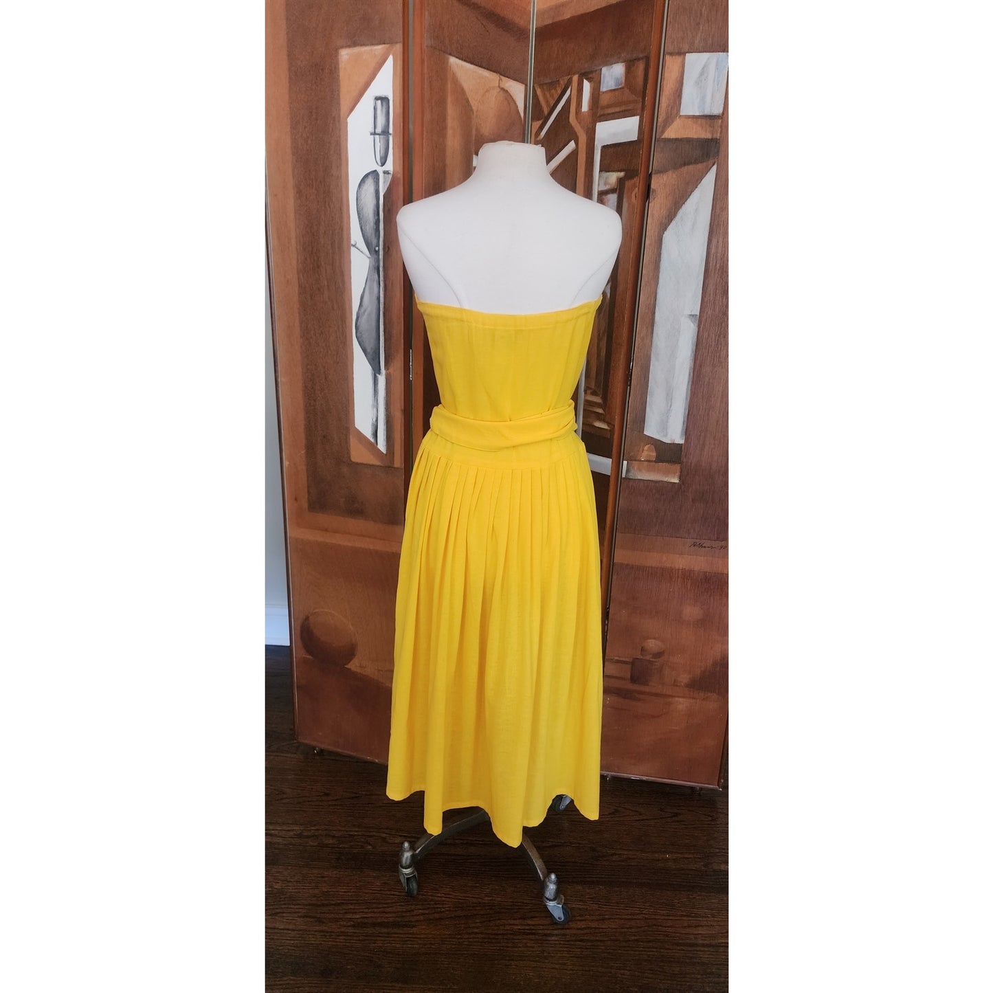 Vintage 80s Sonia Rykiel Strapless Dress Yellow Cotton Button Front Sash Belt Waist