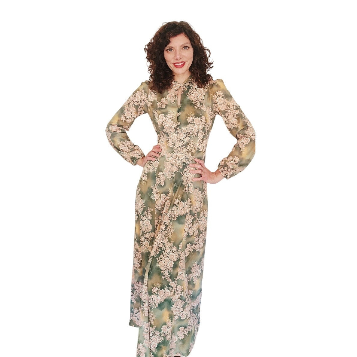 Vintage 1970s Kristie Lou Dress Hooded Floral Maxi Long Sleeve Woodland Fairy