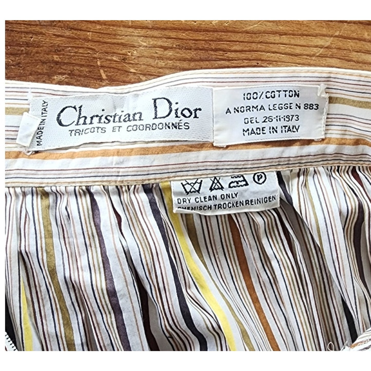 Vintage 70s Christian Dior Skirt Striped Cotton Print White Yellow Black  / S