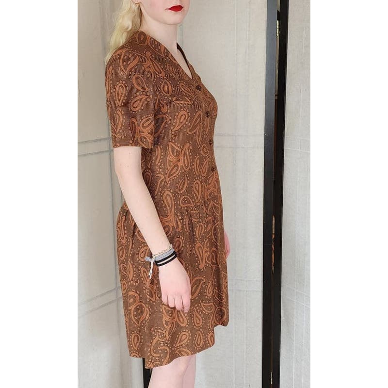 Vintage 60s Day Dress Drop Waist Brown Paisley Print