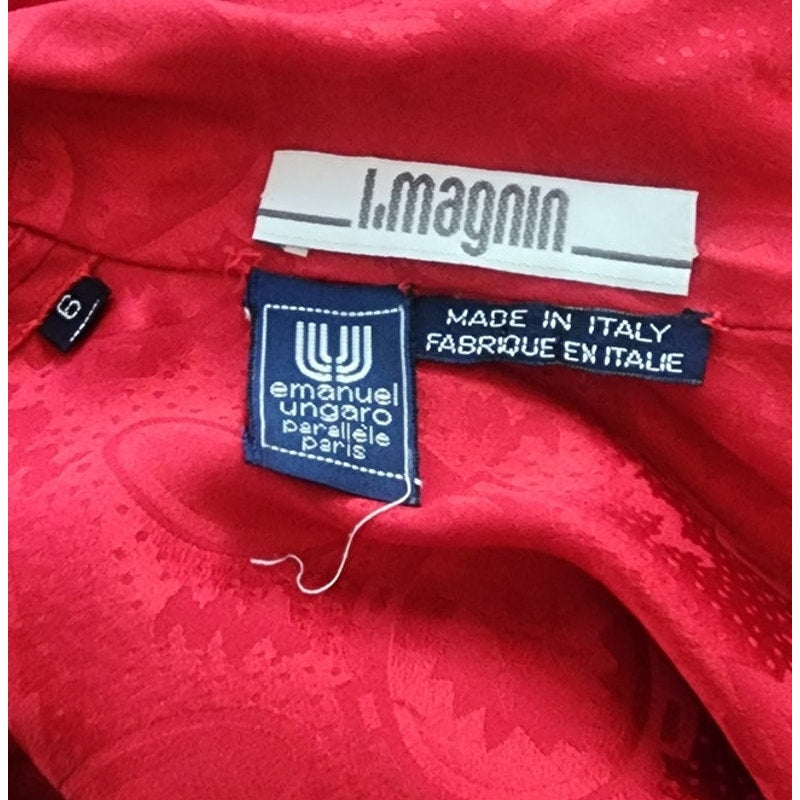 Vintage 1980s Emanuel Ungaro Dress Red Silk Paisley Print I Magnin Long Sleeve Scarf Sash Tie
