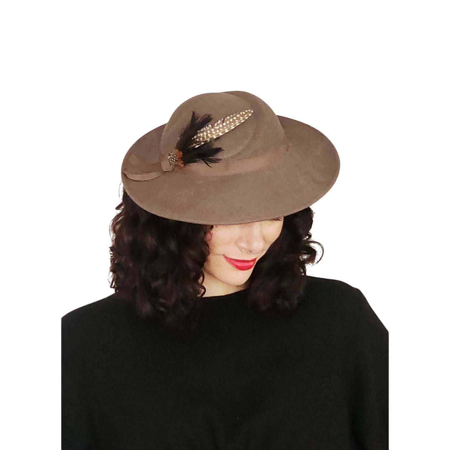 Vintage 1970s Ladies Fedora Hat Brown Wool Wide Brim Feather