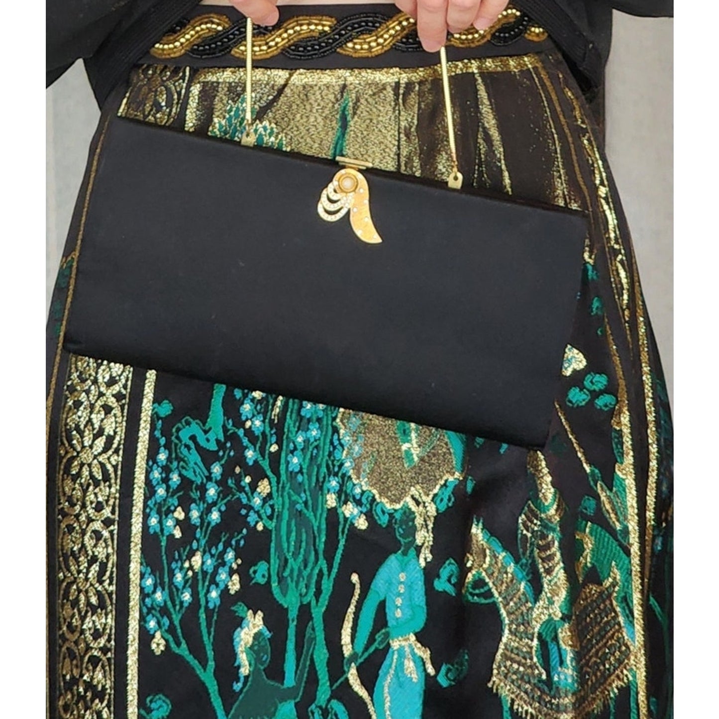 Vintage 50s Evening Bag Black Silk Clutch w/Gold Rhinestone Clasp