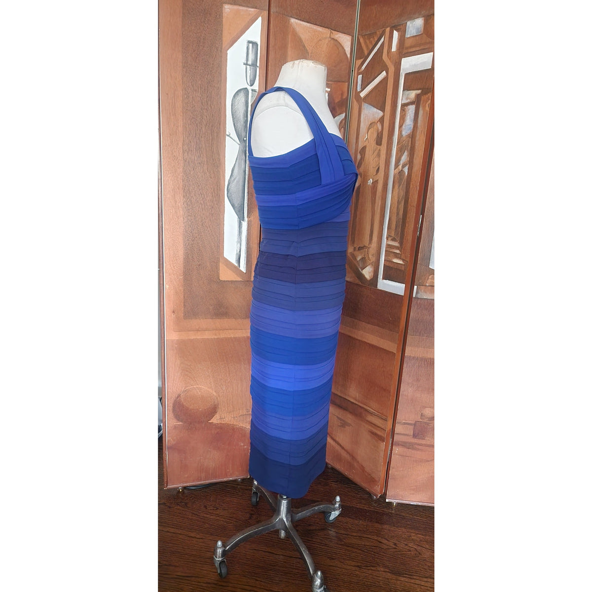 Vintage Y2k Tadashi Dress Blue Bandage Style Bodycon Sleeveless Stripe Small