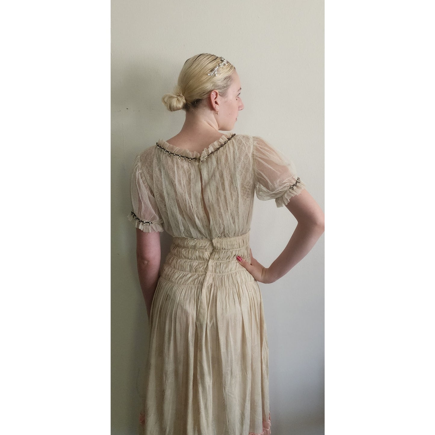 Vintage 1930s Cream Silk Dress Lace & Rhinestone Embroidery