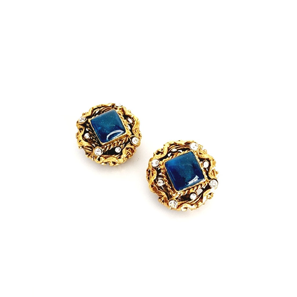 Vintage 90s Chanel Earring Clips Gripoix Blue Glass Byzantine Style A 96