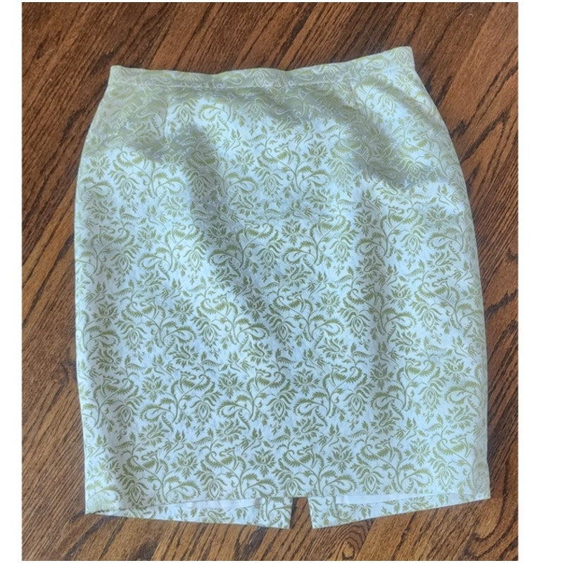 Vintage 80s ESCADA COUTURE Skirt Suit Green Cream Silk Jacquard Leafy Print / L
