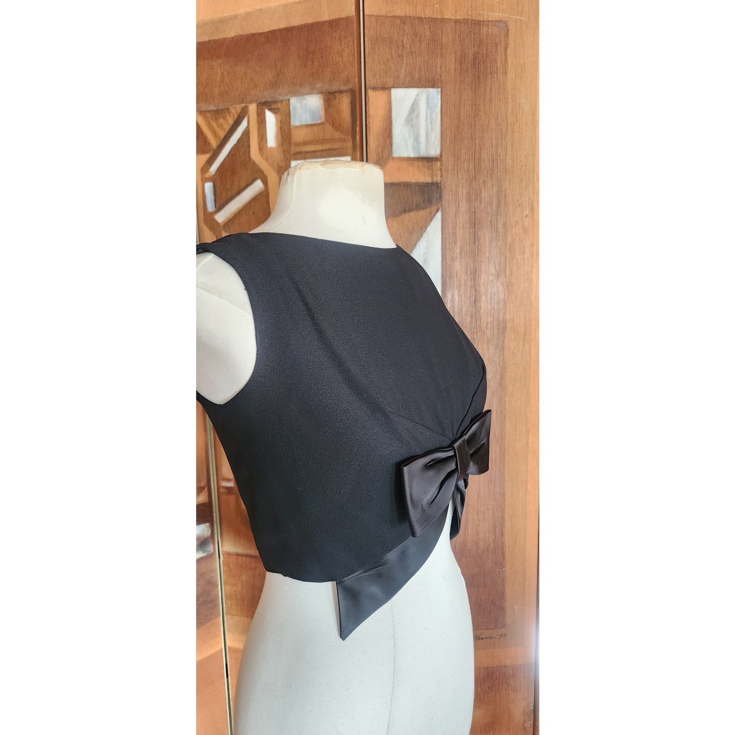Vintage 60s Black Shell Dressy Top w/Large Satin Bow / Medium