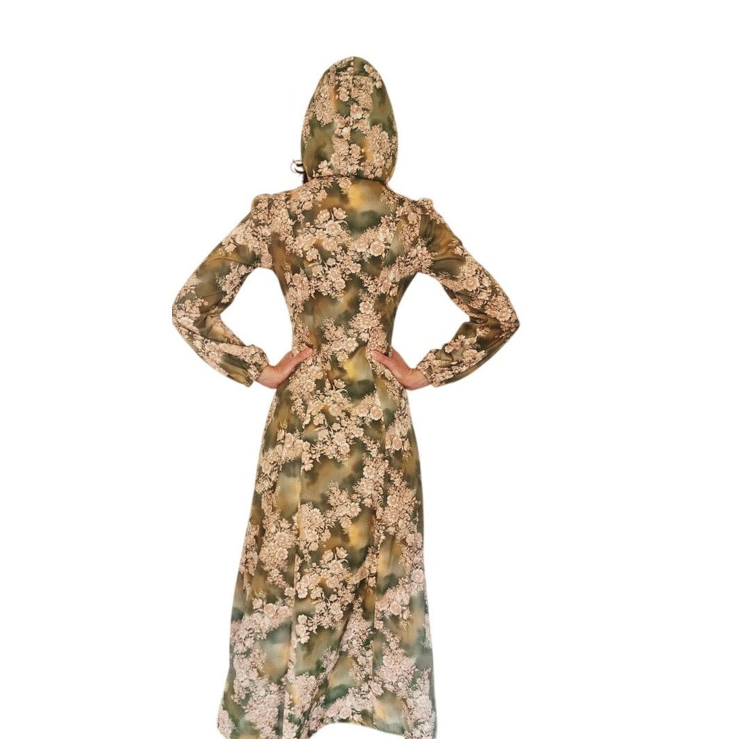 Vintage 1970s Kristie Lou Dress Hooded Floral Maxi Long Sleeve Woodland Fairy