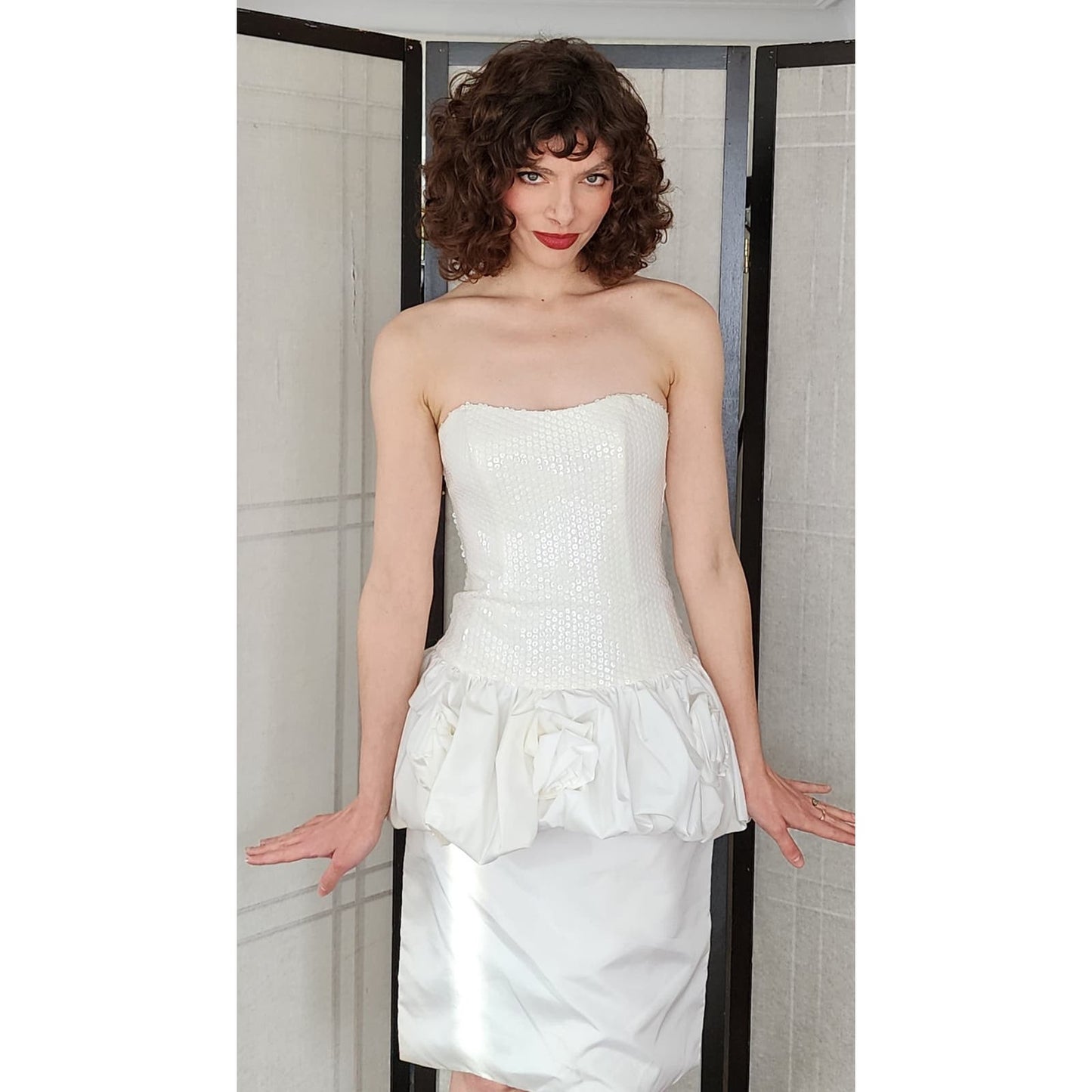 Vintage 80s White Party Dress Strapless Sequins Peplum Joy Stevens