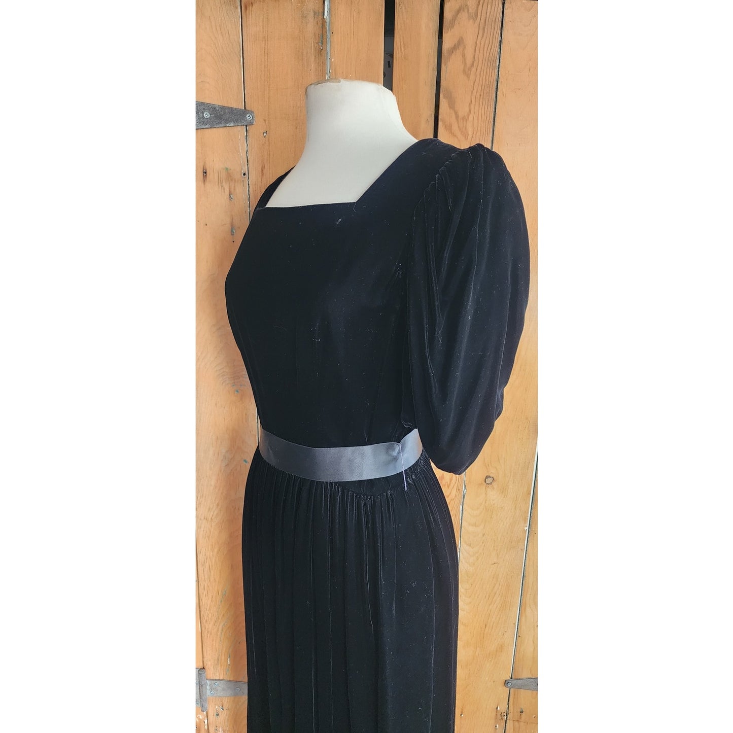 Vintage 80s Black Velvet Party Dress Puffed Sleeves Kappi I Magnin