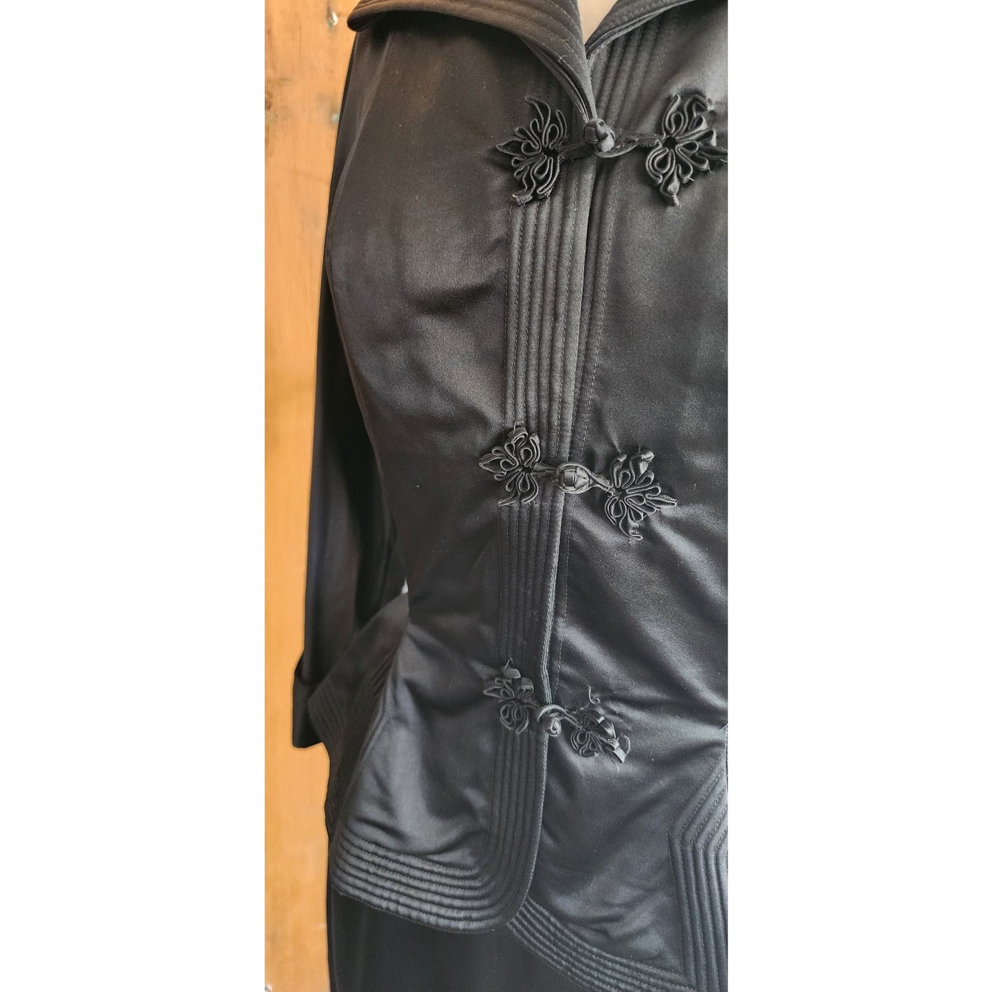 Vintage 50s Black Satin Skirt Suit Chinese Frog Closure Peplum Blazer by Dynasty