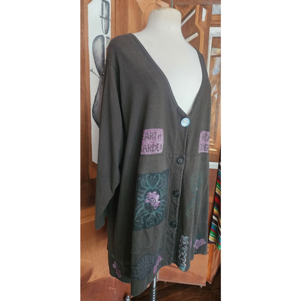 Vintage 1990s Blue Fish Top Cardigan 1999 Earth Garden Gray Linen Patchwork Hand Painted V Neck