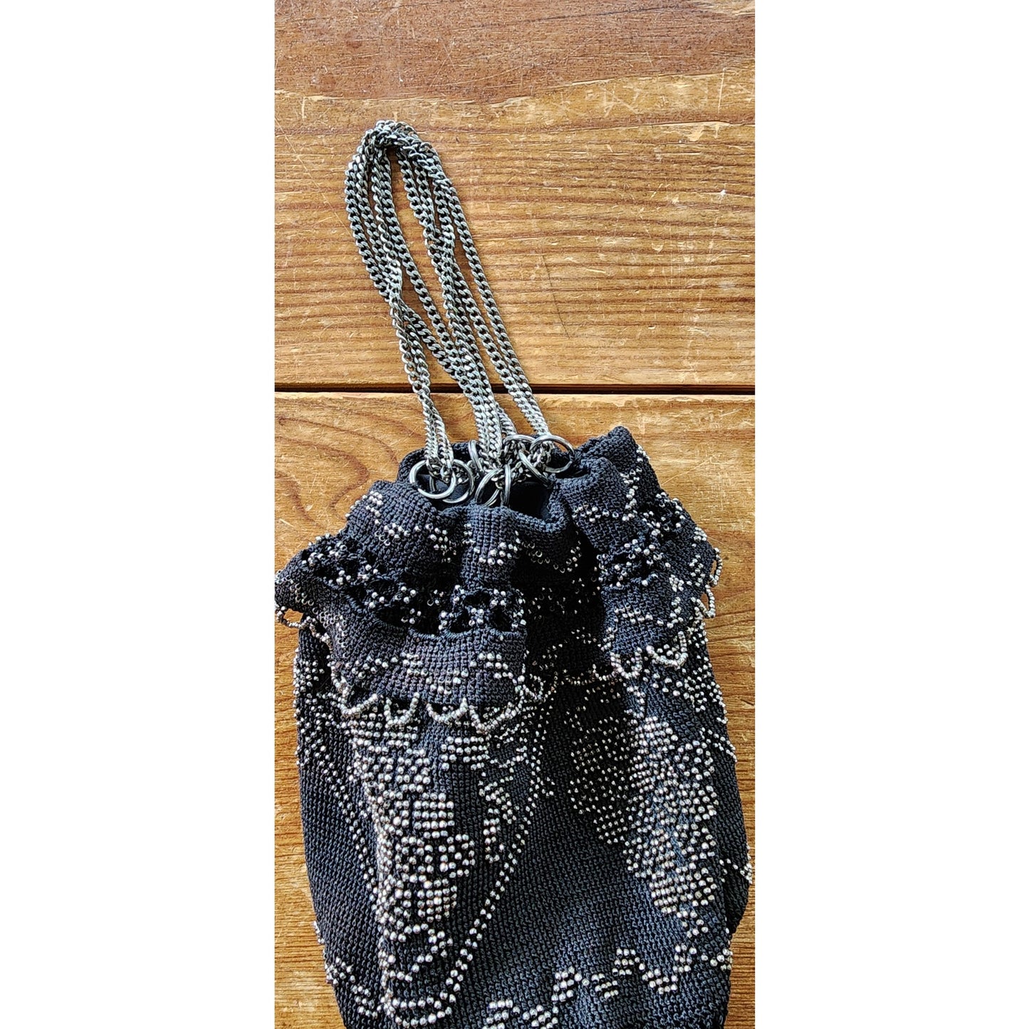 Vintage 20s Evening Bag Black Crochet w/Silver Beading