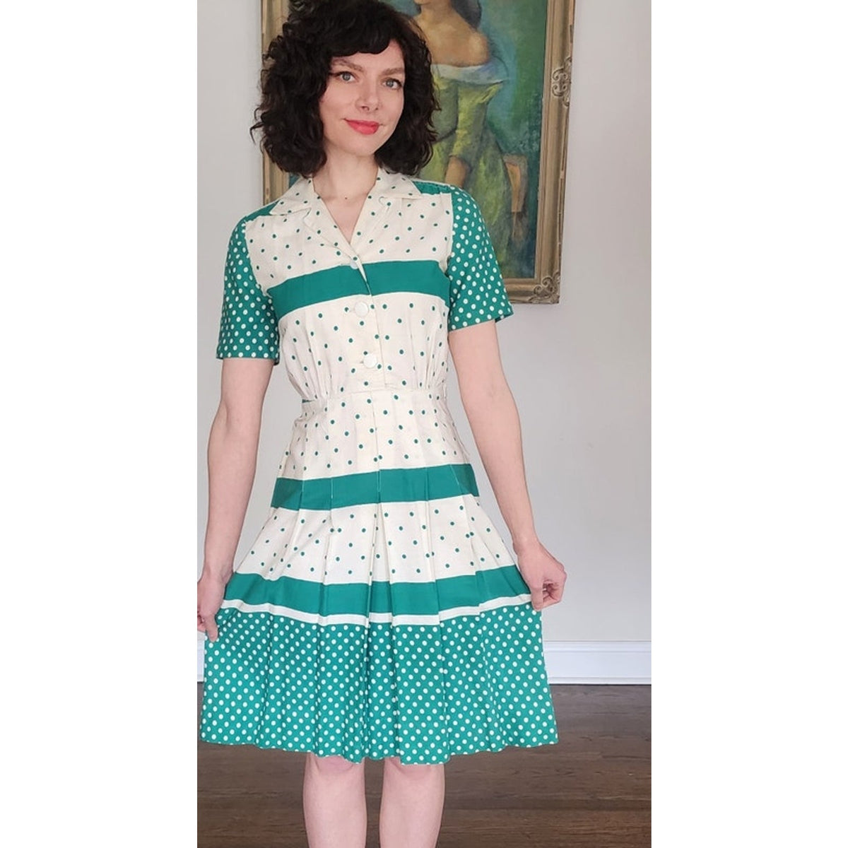 Vintage 1950s Nelly Don Dress Green Polka Dot White Cotton Hope Reed Short Sleeve