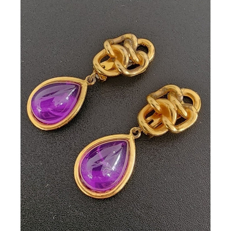 Vintage 80s 90s Gold and Purple Teardrop Clip-On Earrings Etruscan Revival