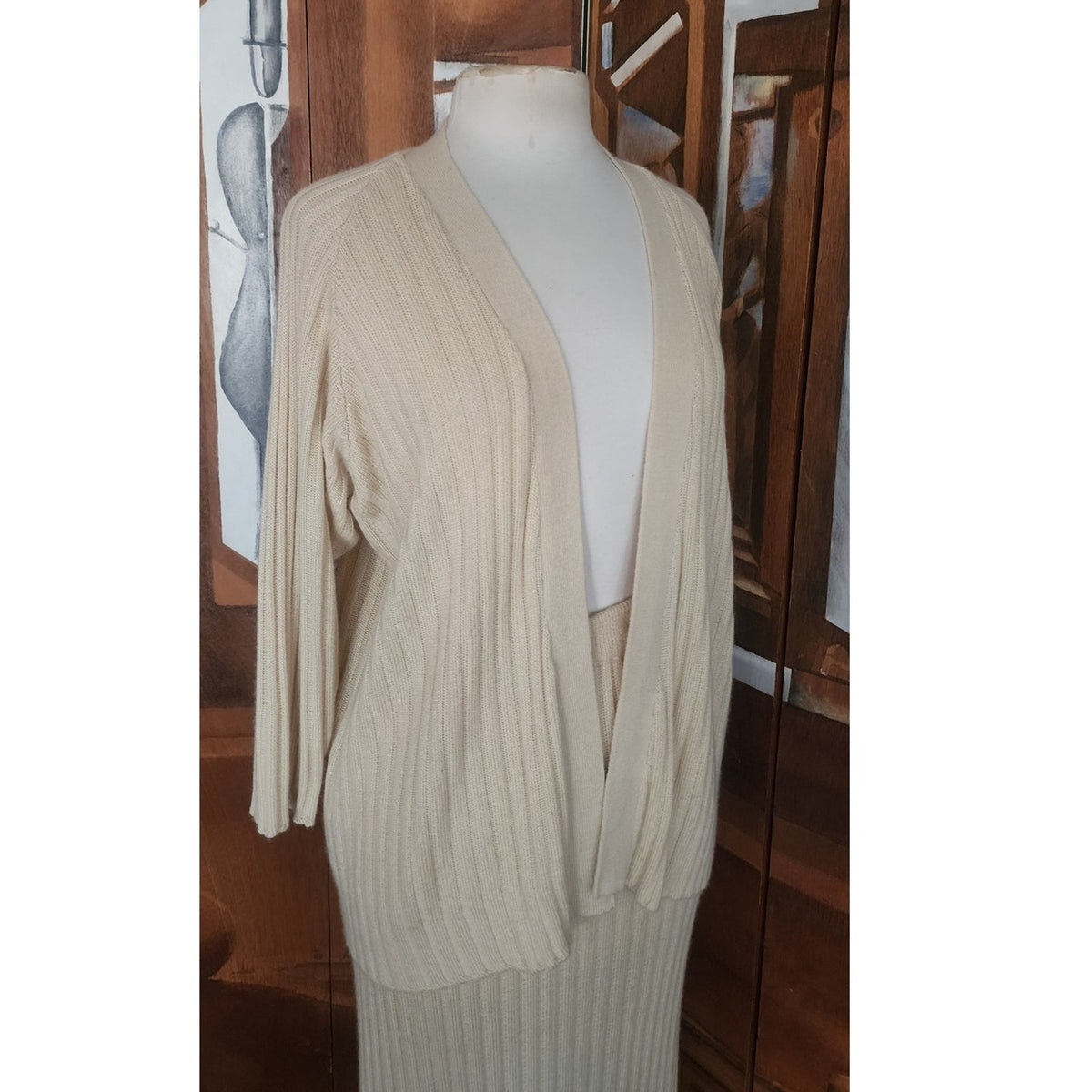 Vintage 1990s Zoran Set Cashmere Silk Knit Cardigan Maxi Skirt Shell Cream 3 Pc