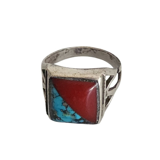 Copied  Vintage Mens Navajo Ring Native American Sterling Silver Turquoise & Coral Size 10 1/4